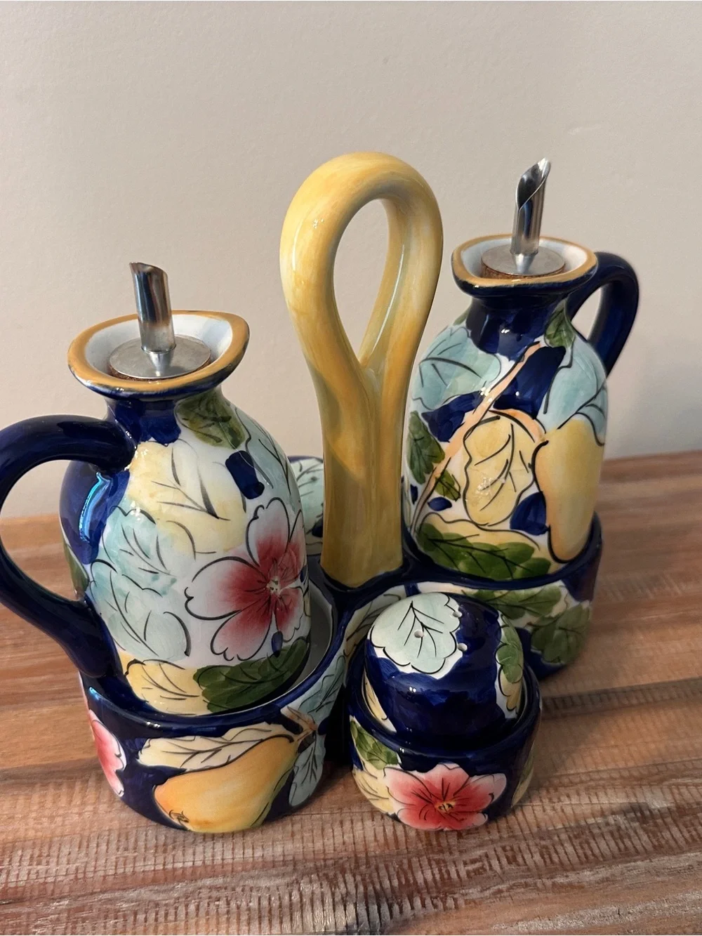 Hand Painted Oil Vinegar Salt Pepper Cruet Set Floral Fruit Caddy